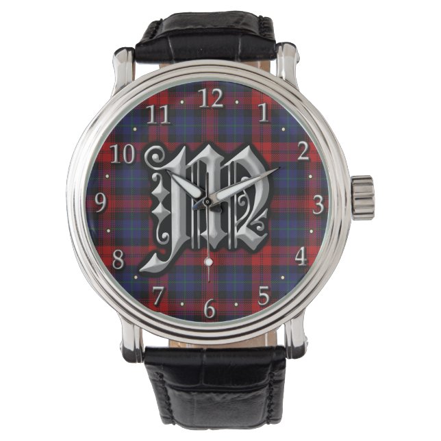 Clan MacLachlan Letter M Monogram Red Blue Tartan Watch (Front)