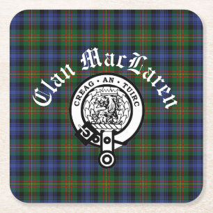 Clan MacLaren Crest Badge & Tartan Customisable  Square Paper Coaster