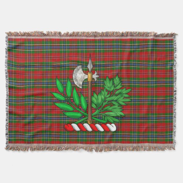 Clan MacLean Tartan And BattleAxe Crest Throw Blanket (Front)
