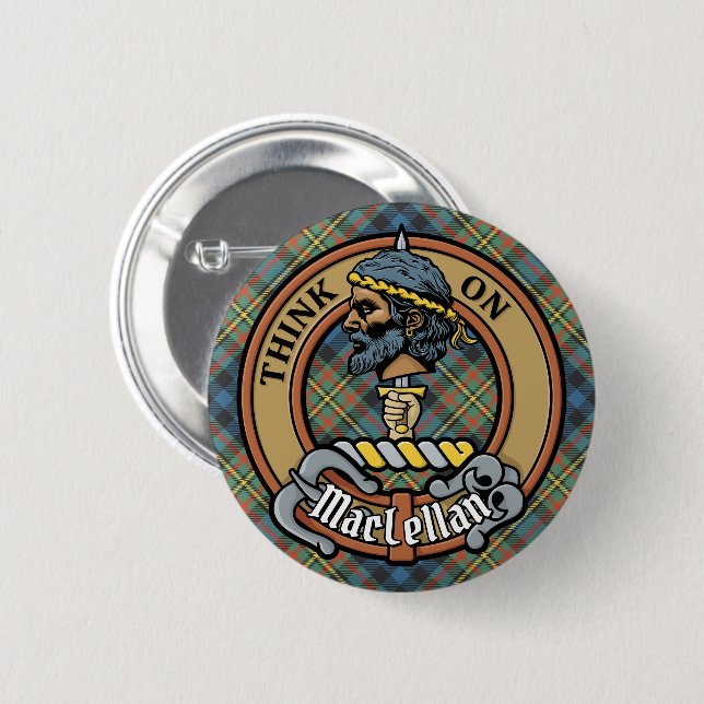 Clan MacLellan Crest over Ancient Tartan 6 Cm Round Badge (Front & Back)