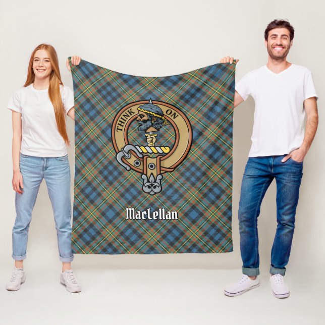 Clan MacLellan Crest over Ancient Tartan Fleece Blanket (In Situ)