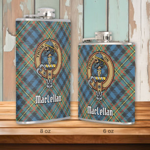 Clan MacLellan Crest over Ancient Tartan Hip Flask