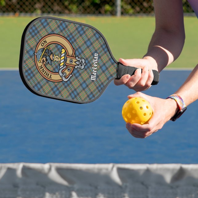 Clan MacLellan Crest over Ancient Tartan Pickleball Paddle (Insitu)