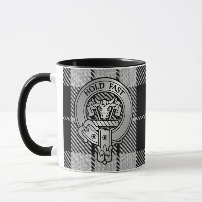 Clan MacLeod Crest & Black & White Tartan Mug (Left)