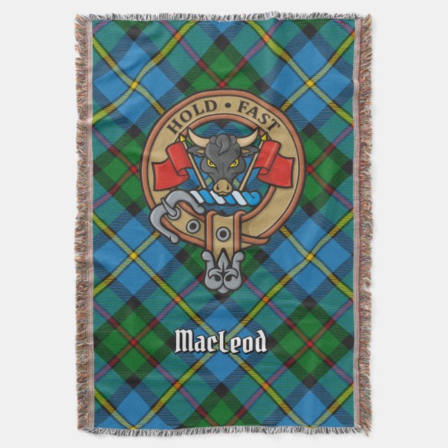 Clan MacLeod Crest over Hunting Tartan Throw Blanket (Front Vertical)