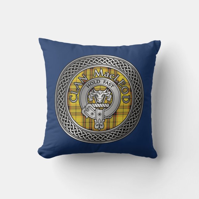 Clan MacLeod Crest & Tartan Knot Throw Pillow (Front)
