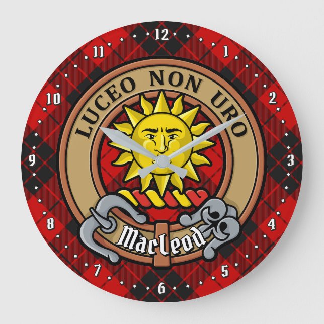 Clan MacLeod of Raasay Crest over Tartan Large Clock (Front)