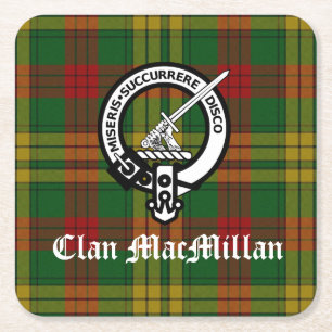 Clan MacMillan Crest Badge and Tartan Square Paper Coaster