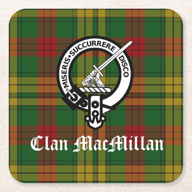 Clan MacMillan Crest Badge and Tartan Square Paper Coaster (Front)