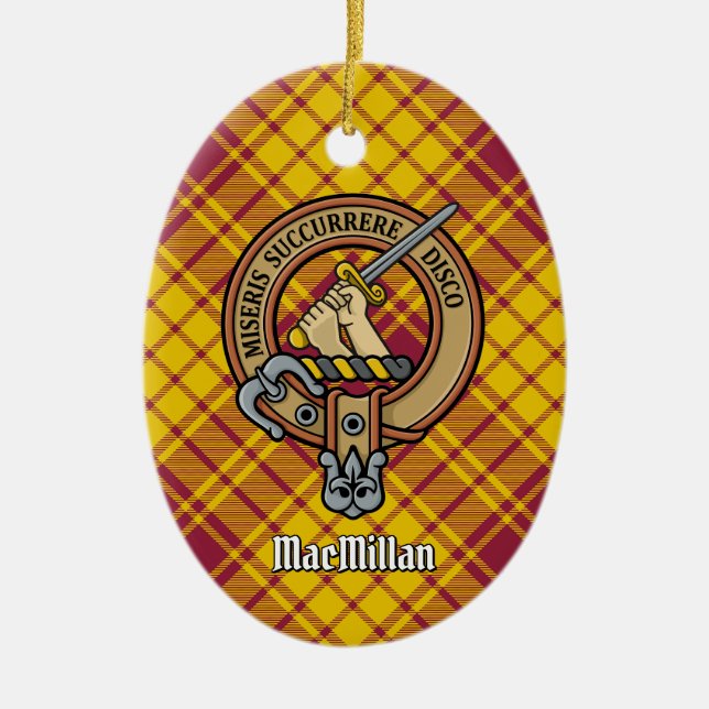 Clan MacMillan Crest over Dress Tartan Ceramic Tree Decoration (Front)