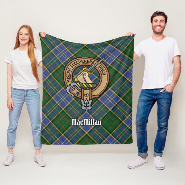 Clan MacMillan Crest over Hunting Tartan Fleece Blanket (In Situ)