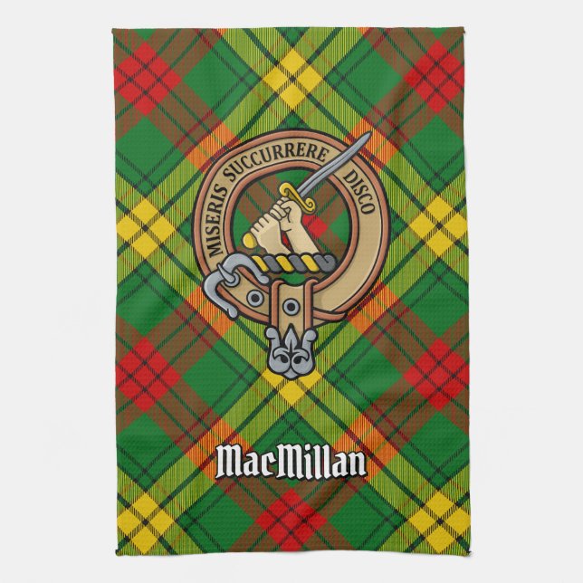 Clan MacMillan Crest over Tartan Tea Towel (Vertical)