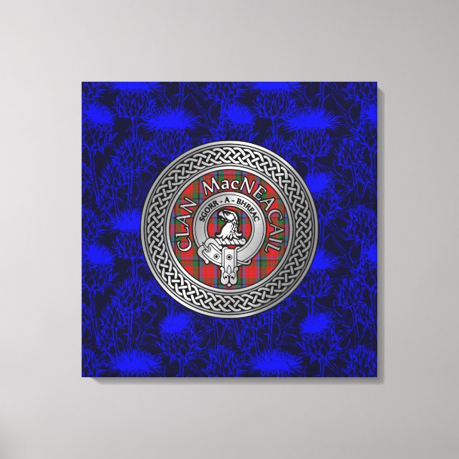 Clan MacNeacail Crest & Tartan Knot on Thistle Canvas Print (Front)