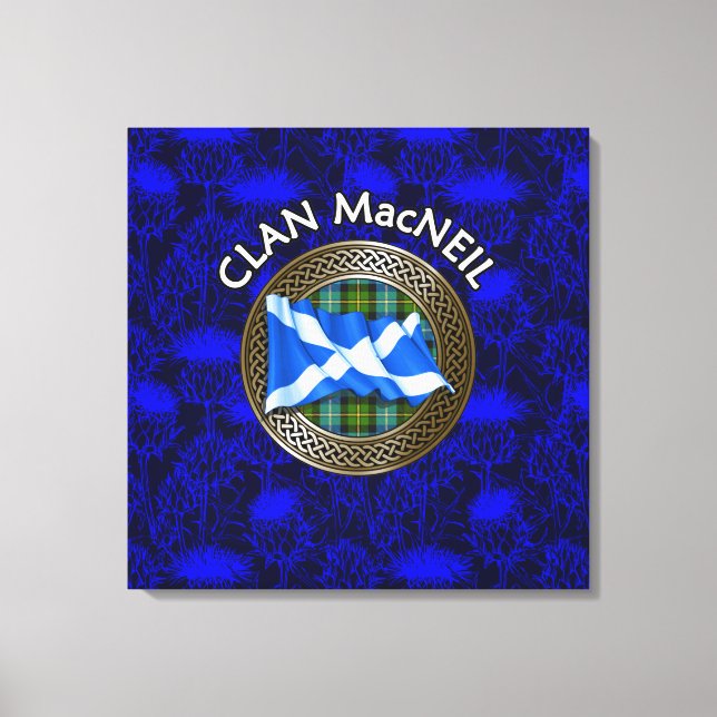 Clan MacNeil Crest & Tartan Knot on Thistle Canvas Print (Front)