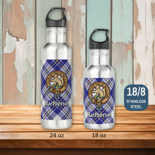 Clan MacPherson Crest over Blue Dress Tartan 710 Ml Water Bottle