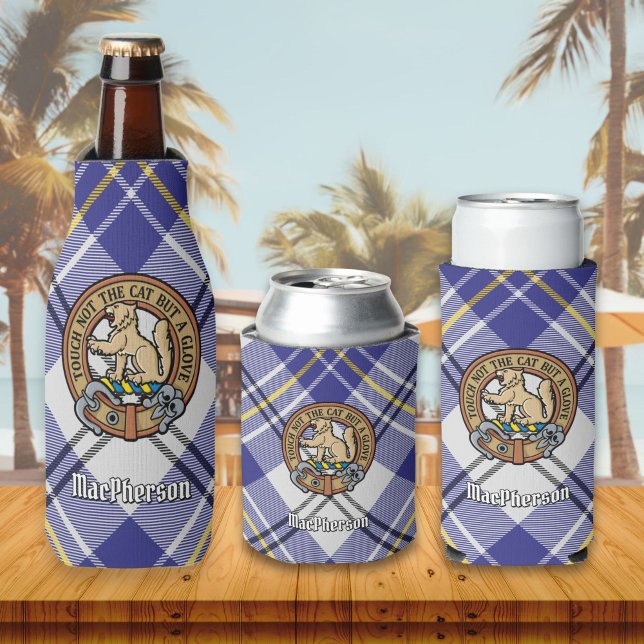 Clan MacPherson Crest over Blue Dress Tartan Bottle Cooler (Creator Uploaded)
