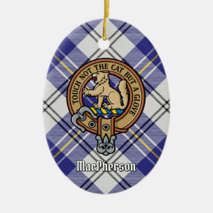 Clan MacPherson Crest over Blue Dress Tartan Ceramic Tree Decoration