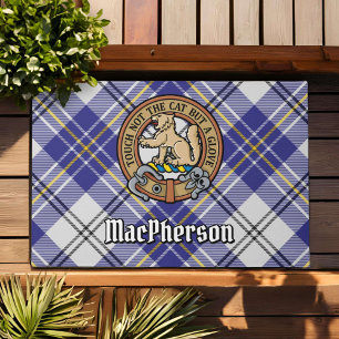 Clan MacPherson Crest over Blue Dress Tartan Doormat