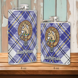 Clan MacPherson Crest over Blue Dress Tartan Hip Flask