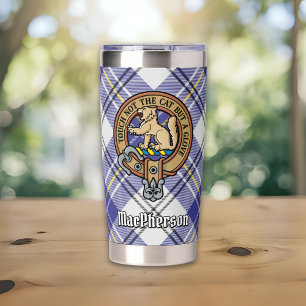 Clan MacPherson Crest over Blue Dress Tartan Insulated Tumbler