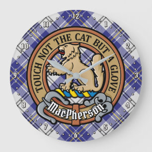 Clan MacPherson Crest over Blue Dress Tartan Large Clock