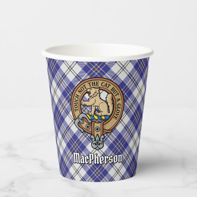 Clan MacPherson Crest over Blue Dress Tartan Paper Cups (Front)