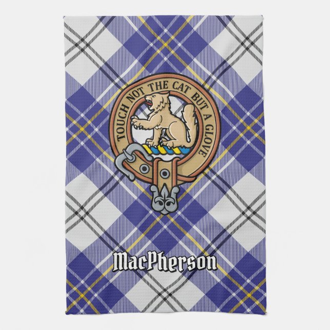 Clan MacPherson Crest over Blue Dress Tartan Tea Towel (Vertical)