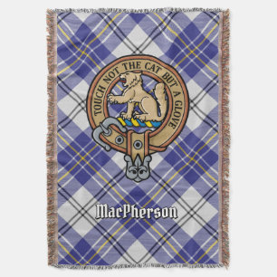 Clan MacPherson Crest over Blue Dress Tartan Throw Blanket