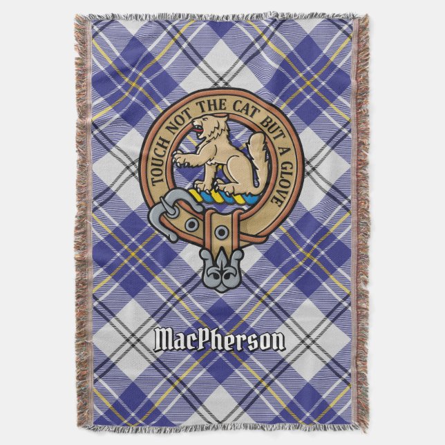 Clan MacPherson Crest over Blue Dress Tartan Throw Blanket (Front Vertical)