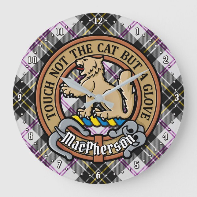 Clan MacPherson Crest over Dress Tartan Large Clock (Front)