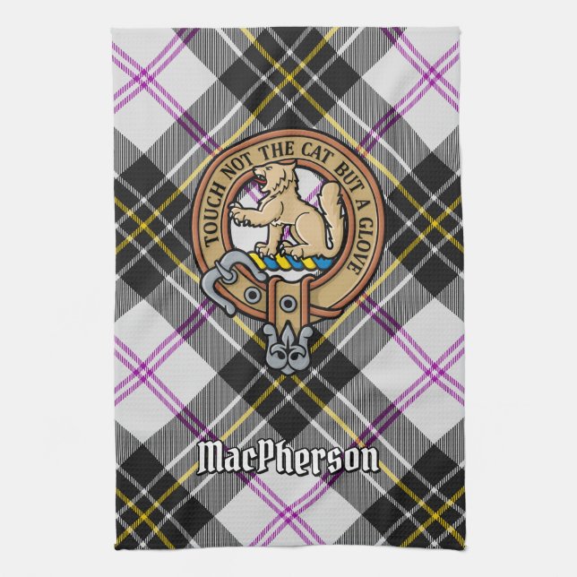 Clan MacPherson Crest over Dress Tartan Tea Towel (Vertical)