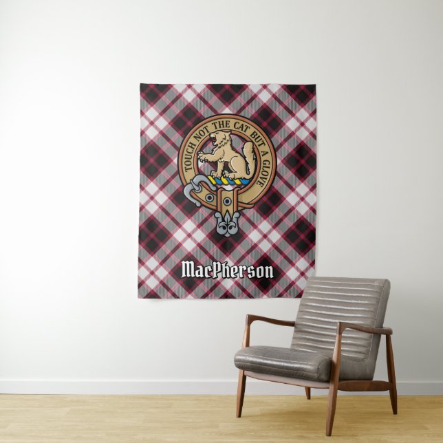 Clan MacPherson Crest over Hunting Tartan Tapestry (In Situ)
