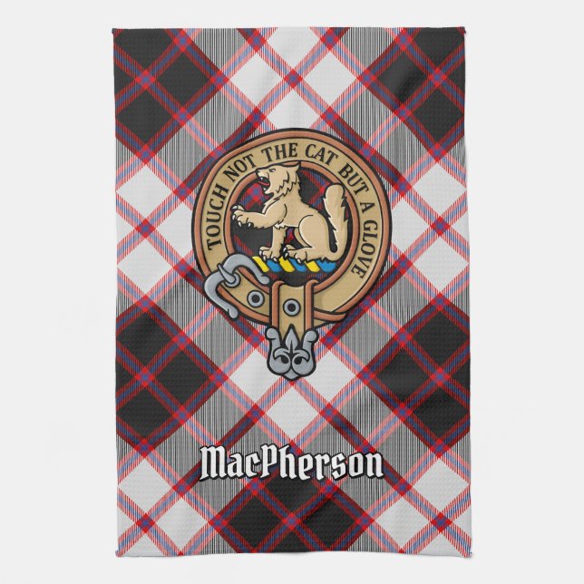 Clan MacPherson Crest over Hunting Tartan Tea Towel (Vertical)