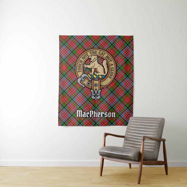 Clan MacPherson Crest over Tartan Tapestry (In Situ)
