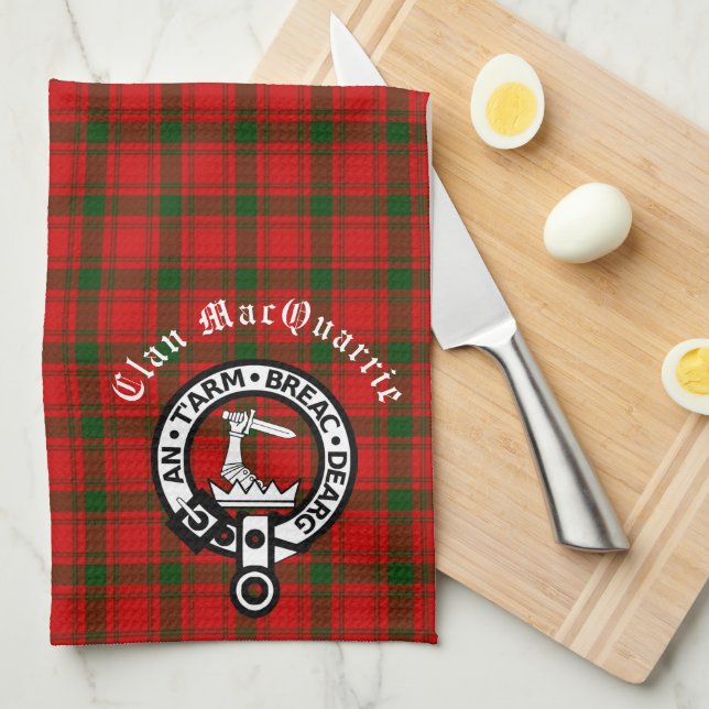 Clan MacQuarrie Tartan and Crest  Tea Towel (Quarter Fold)