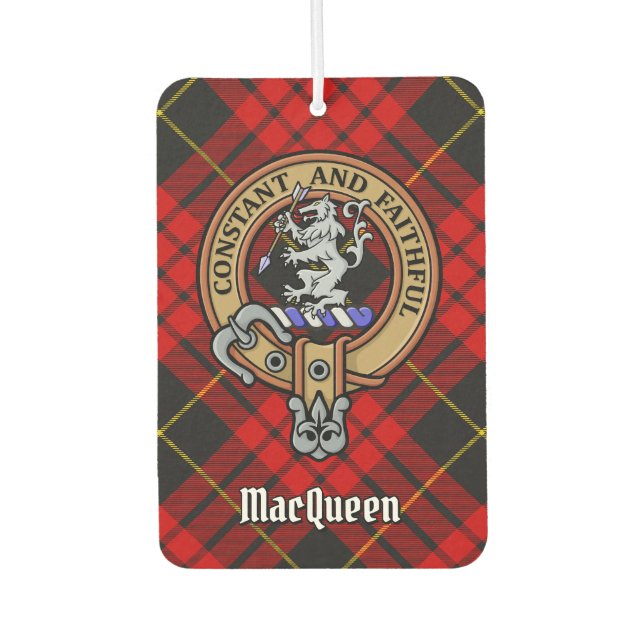 Clan MacQueen Crest over Tartan Car Air Freshener (Front)