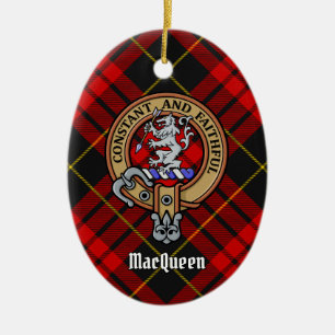 Clan MacQueen Crest over Tartan Ceramic Tree Decoration