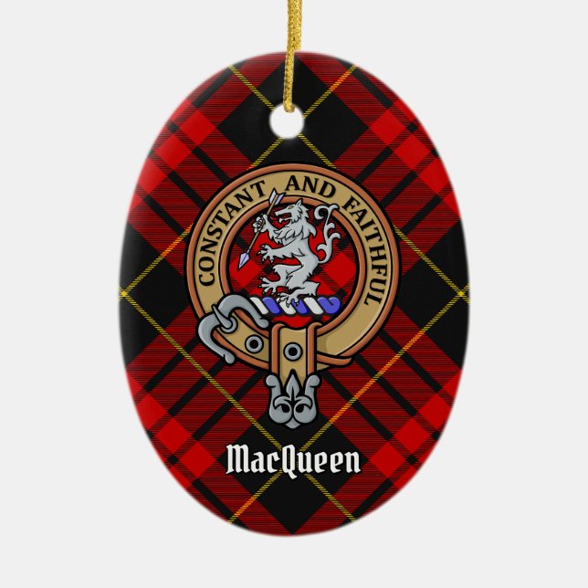 Clan MacQueen Crest over Tartan Ceramic Tree Decoration (Front)