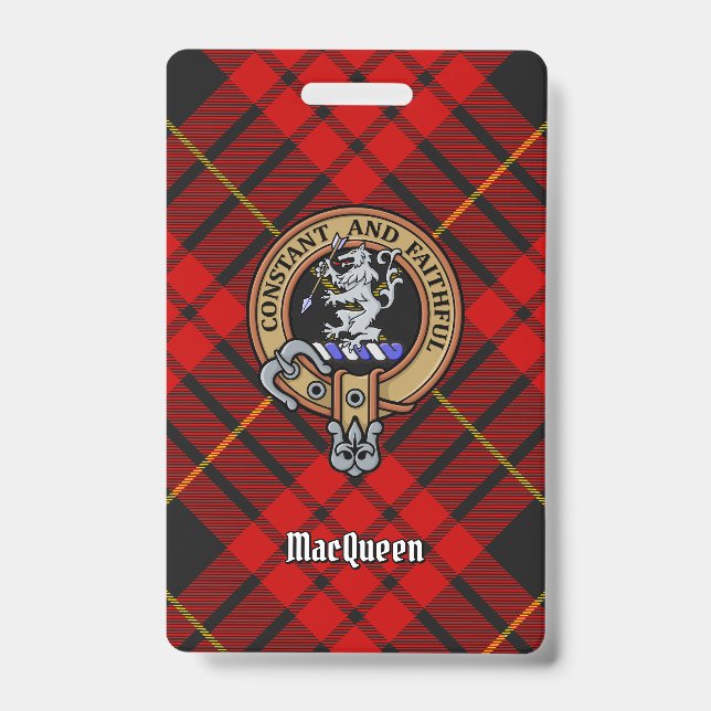 Clan MacQueen Crest over Tartan ID Badge (Front)