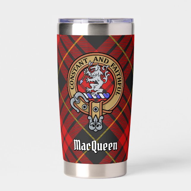 Clan MacQueen Crest over Tartan Insulated Tumbler (Front)