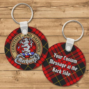 Clan MacQueen Crest over Tartan Key Ring