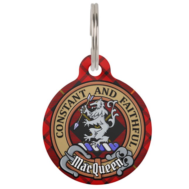 Clan MacQueen Crest over Tartan Pet Tag (Front)
