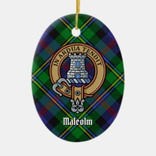 Clan Malcolm Crest over Tartan Ceramic Tree Decoration