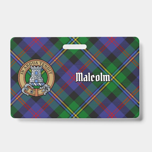 Clan Malcolm Crest over Tartan ID Badge (Front)