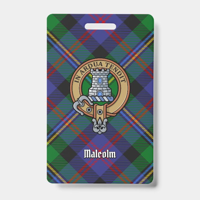 Clan Malcolm Crest over Tartan ID Badge (Front)