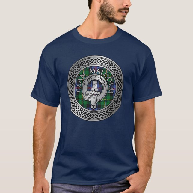 Clan Malcolm Crest & Tartan Knot T-Shirt (Front)