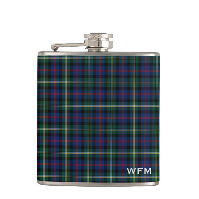 Clan Malcolm Tartan Dark Blue and Green Monogram Hip Flask (Front)