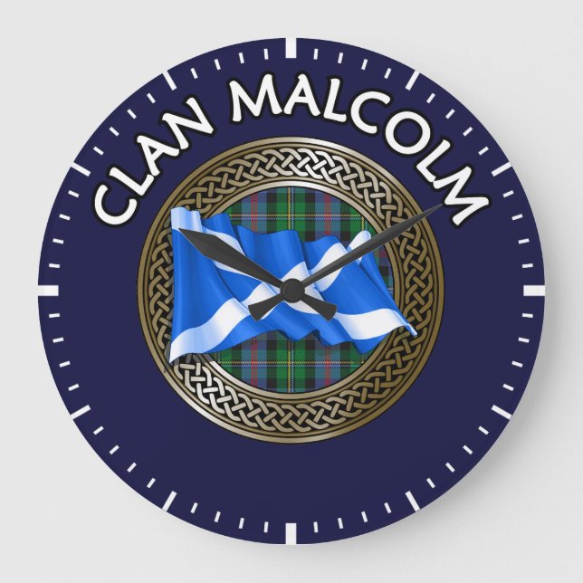 Clan Malcolm Tartan Knot & Flag Large Clock (Front)