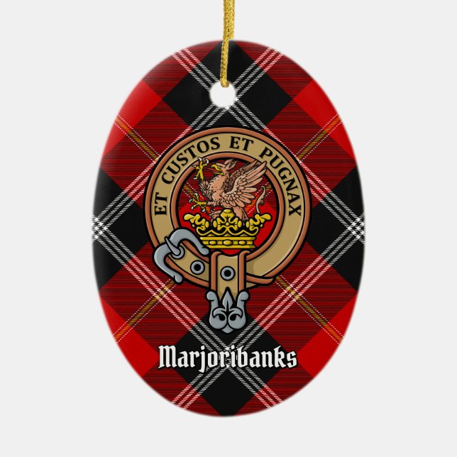 Clan Marjoribanks Crest over Tartan Ceramic Tree Decoration (Front)