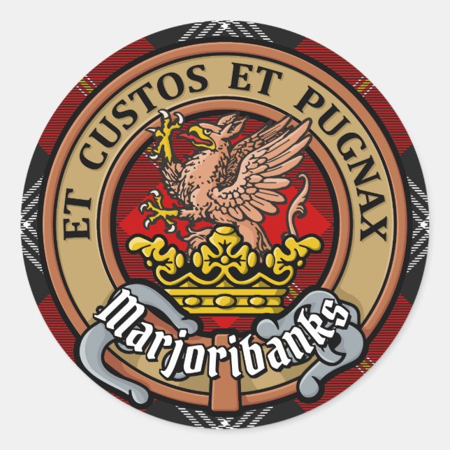Clan Marjoribanks Crest over Tartan Classic Round Sticker (Front)